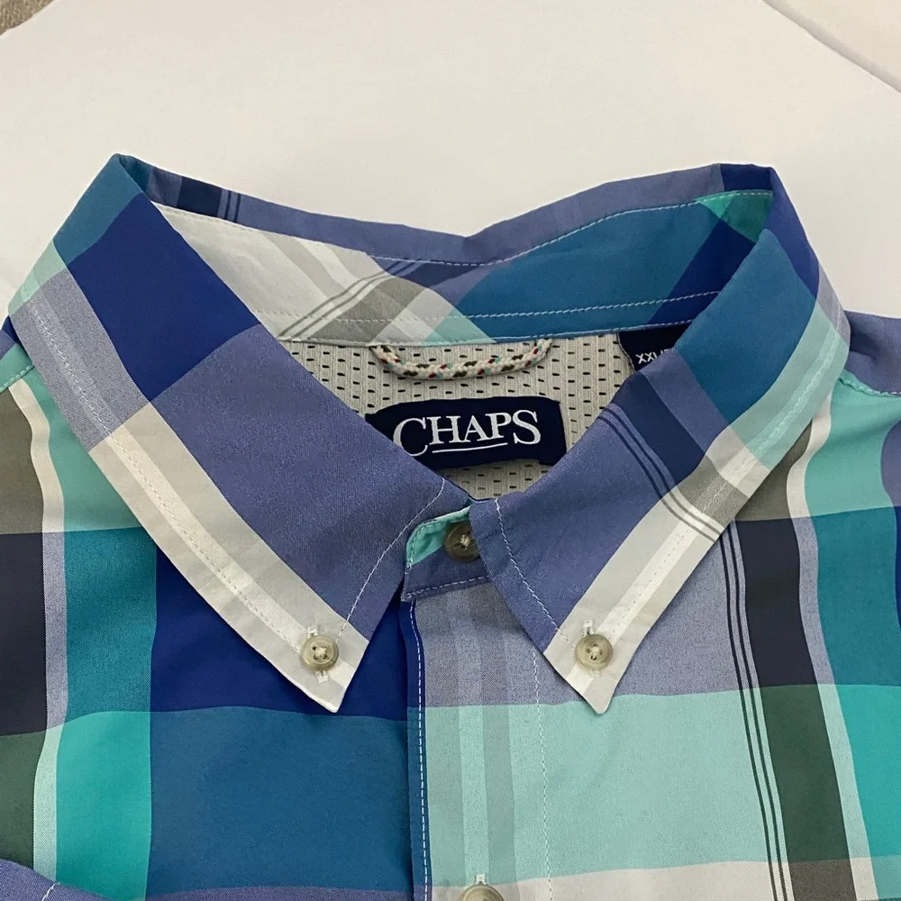 Chaps Men's Aqua and Navy Plaid Shirt - Picture 3 of 11